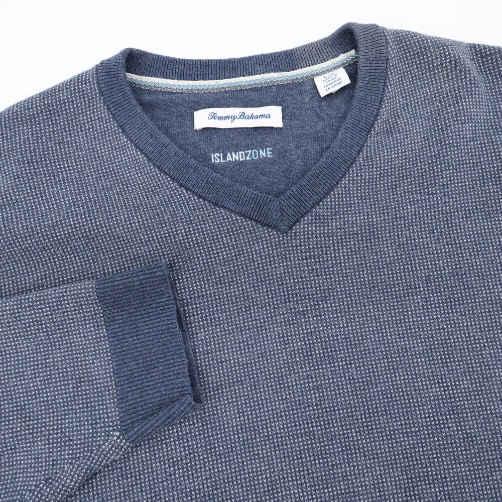 Tommy Bahama Mens Islandzone V Neck Sweater Blue Textured Knit Pullover L - Flaw